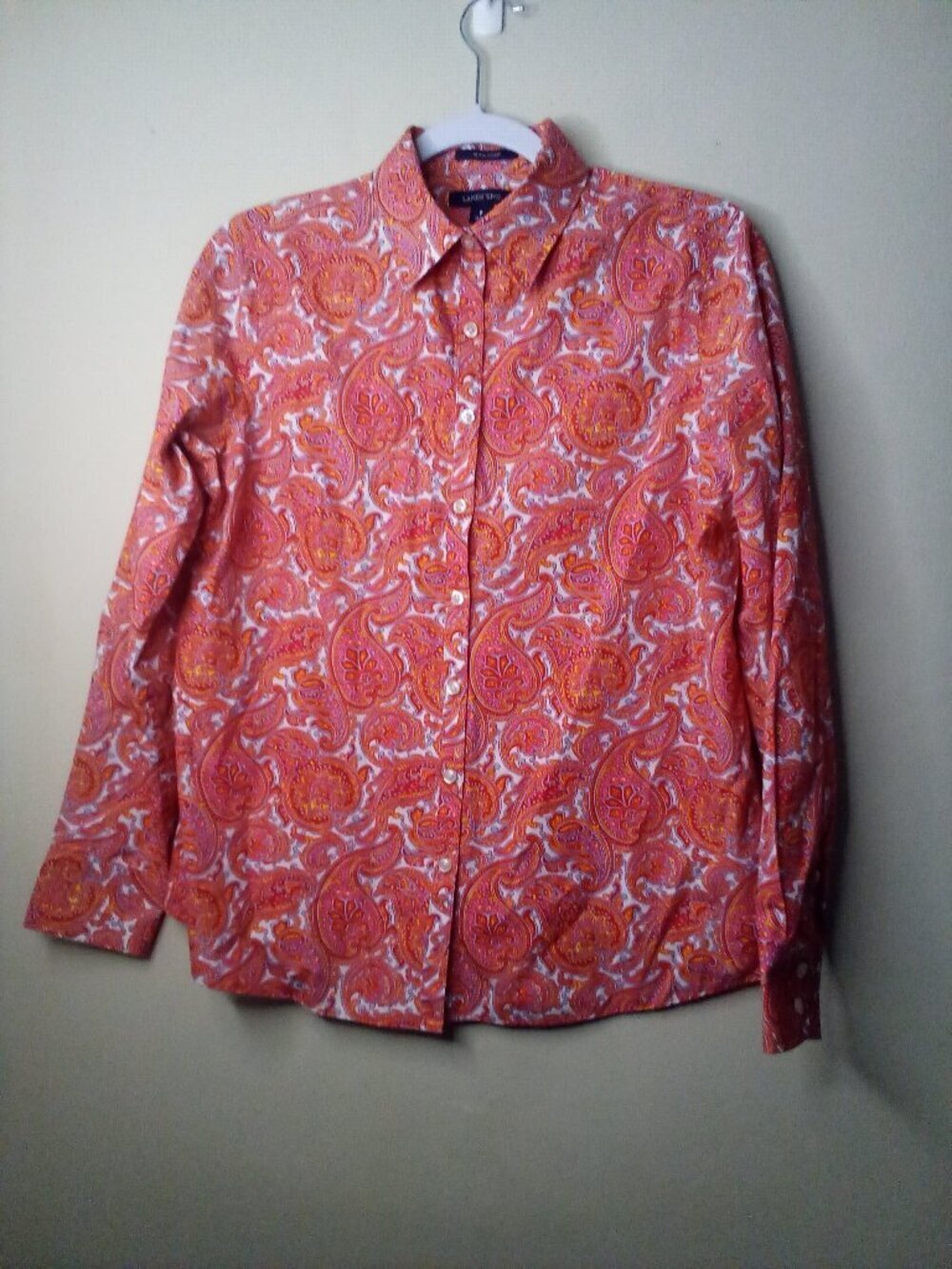 Lands' End Blouse Women 8 Button Up Long Sleeve Paisley Pattern Orange Red
